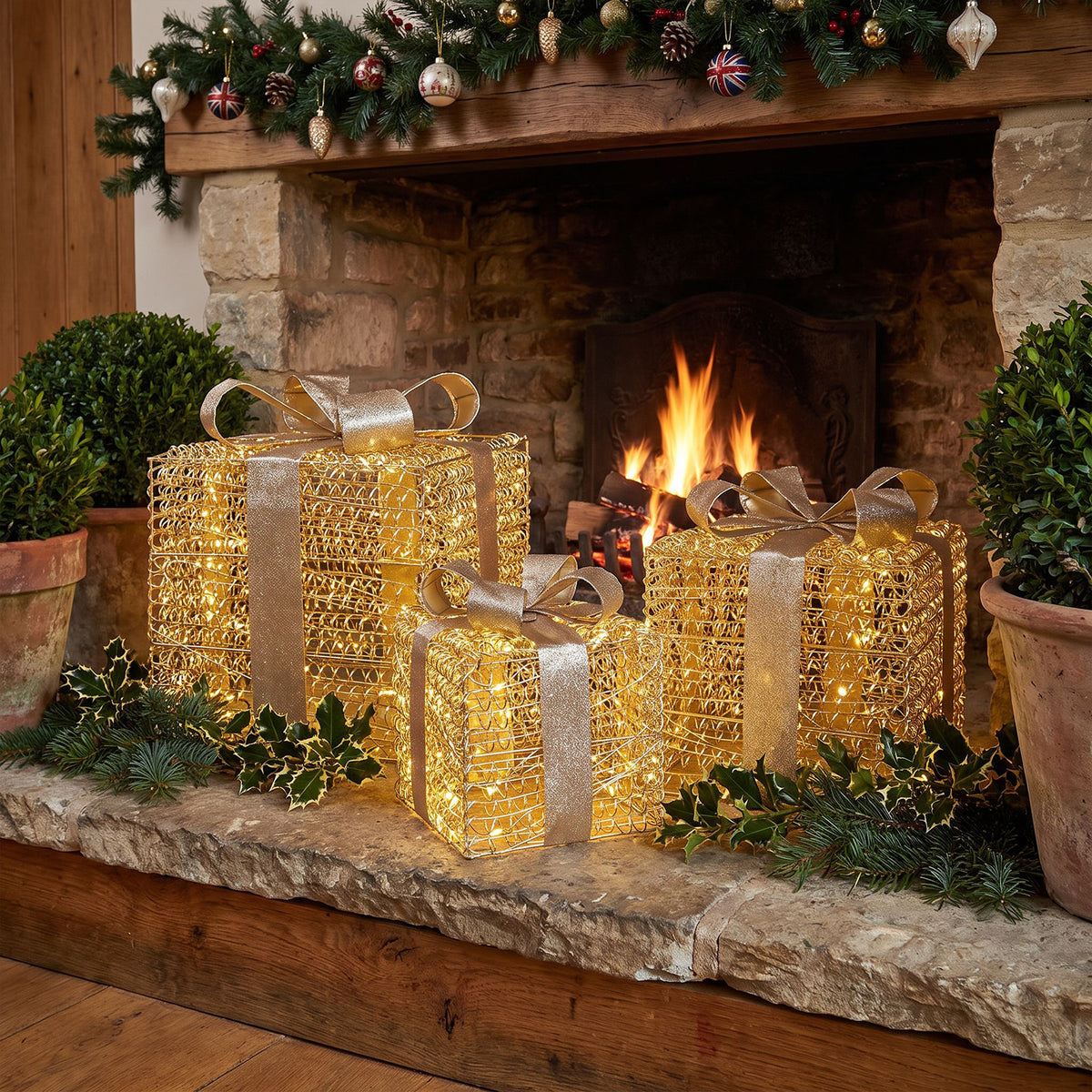 Pre-Lit Christmas Gold Curly Set of 3 Presents with 3000 Warm White LED Micro-Lights