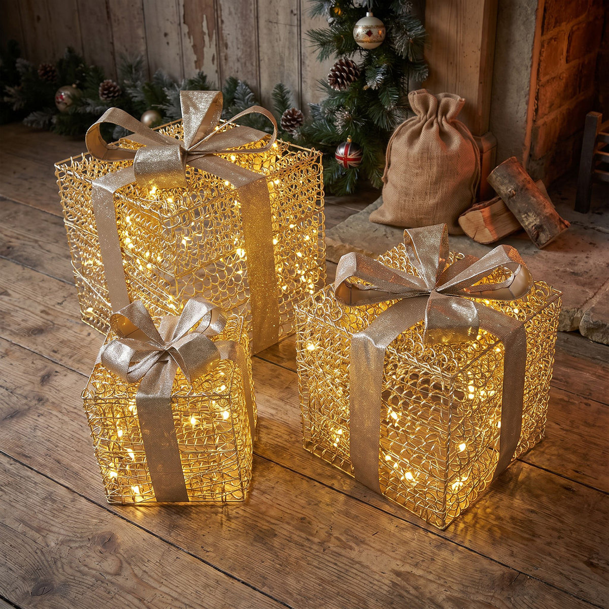 Pre-Lit Christmas Gold Curly Set of 3 Presents with 3000 Warm White LED Micro-Lights