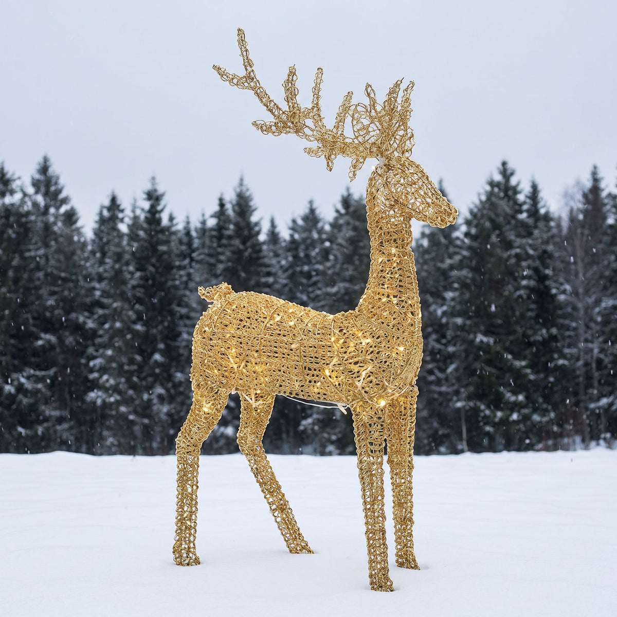 Pre-Lit Christmas Gold Curly Standing Stag 2m with 2400 Warm White LED Micro-Lights