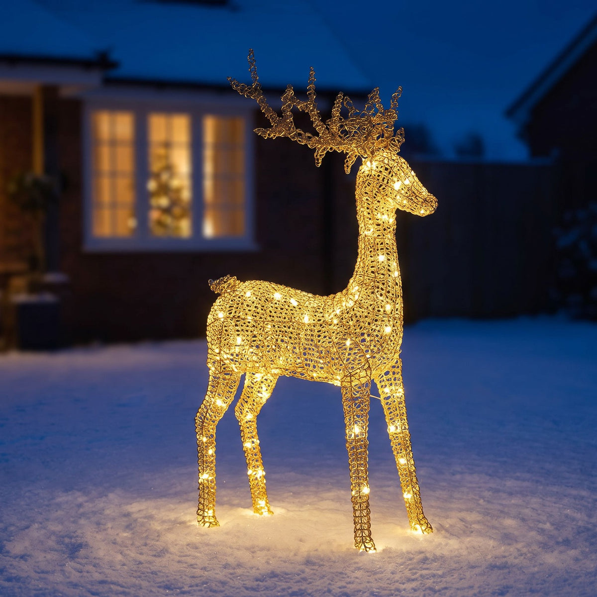 Pre-Lit Christmas Gold Curly Standing Stag 2m with 2400 Warm White LED Micro-Lights