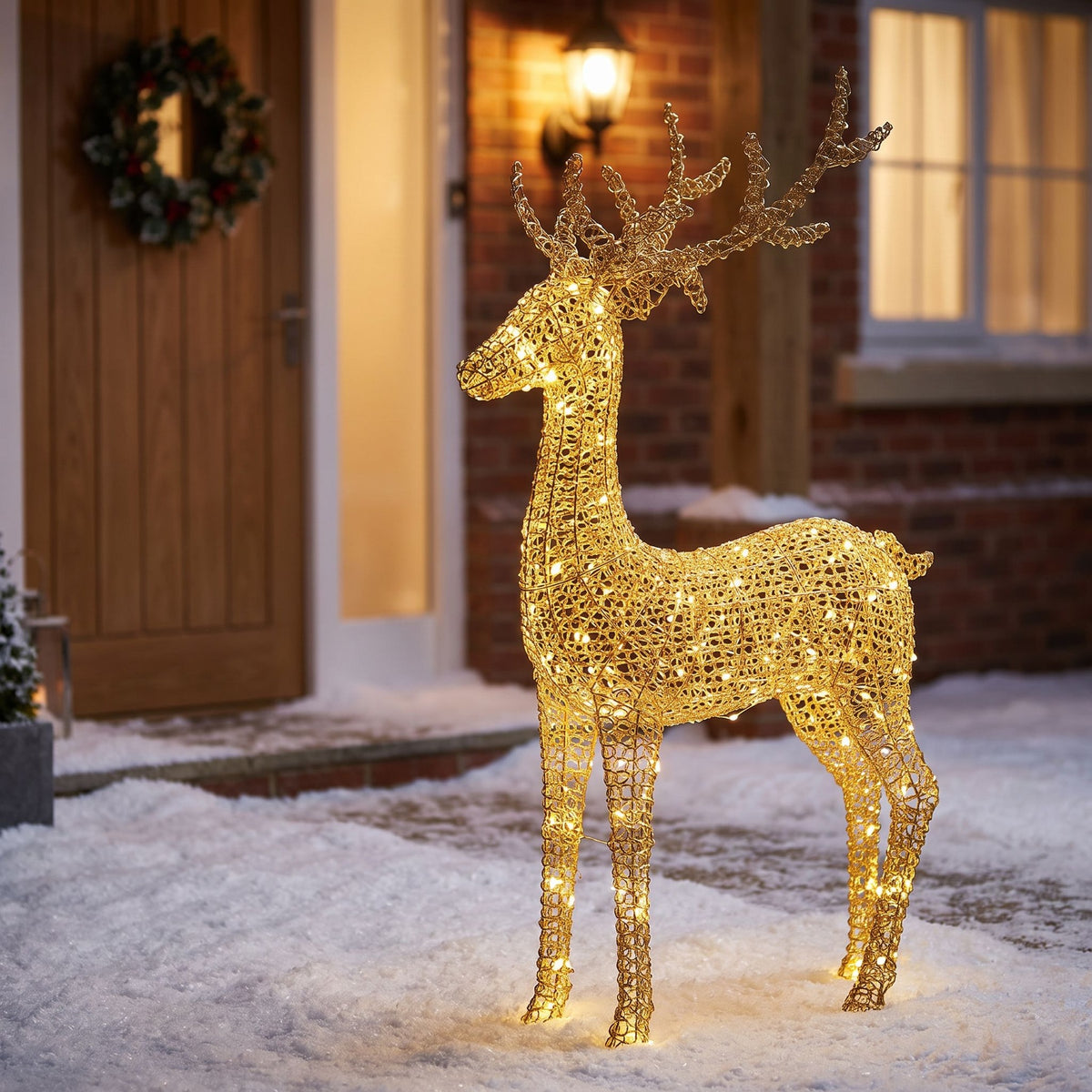 Pre-Lit Christmas Gold Curly Standing Stag 2m with 2400 Warm White LED Micro-Lights