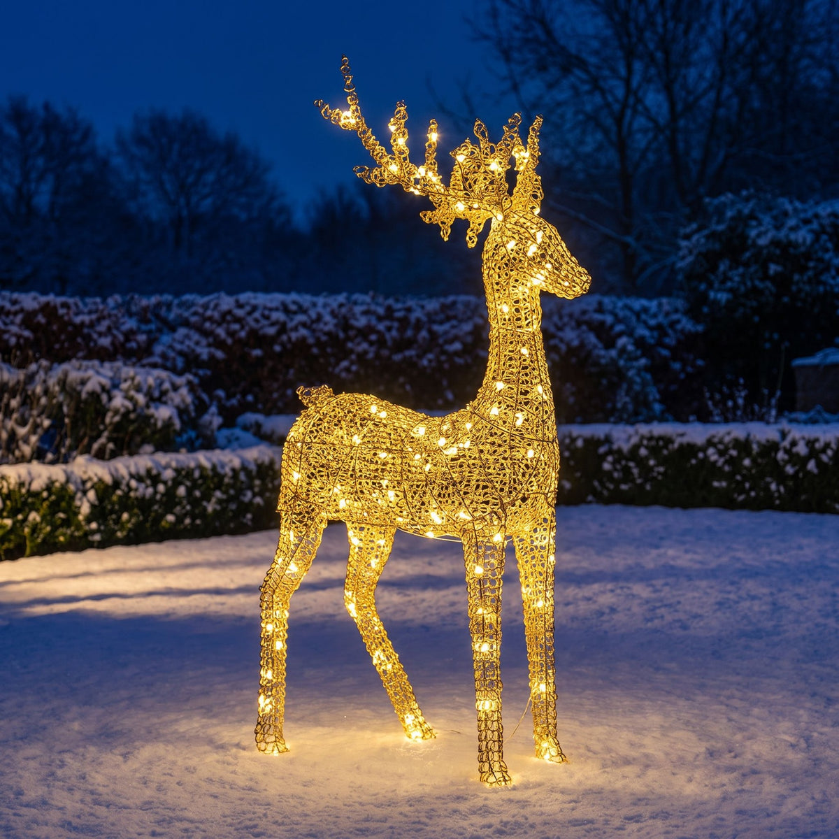 Pre-Lit Christmas Gold Curly Standing Stag 2m with 2400 Warm White LED Micro-Lights