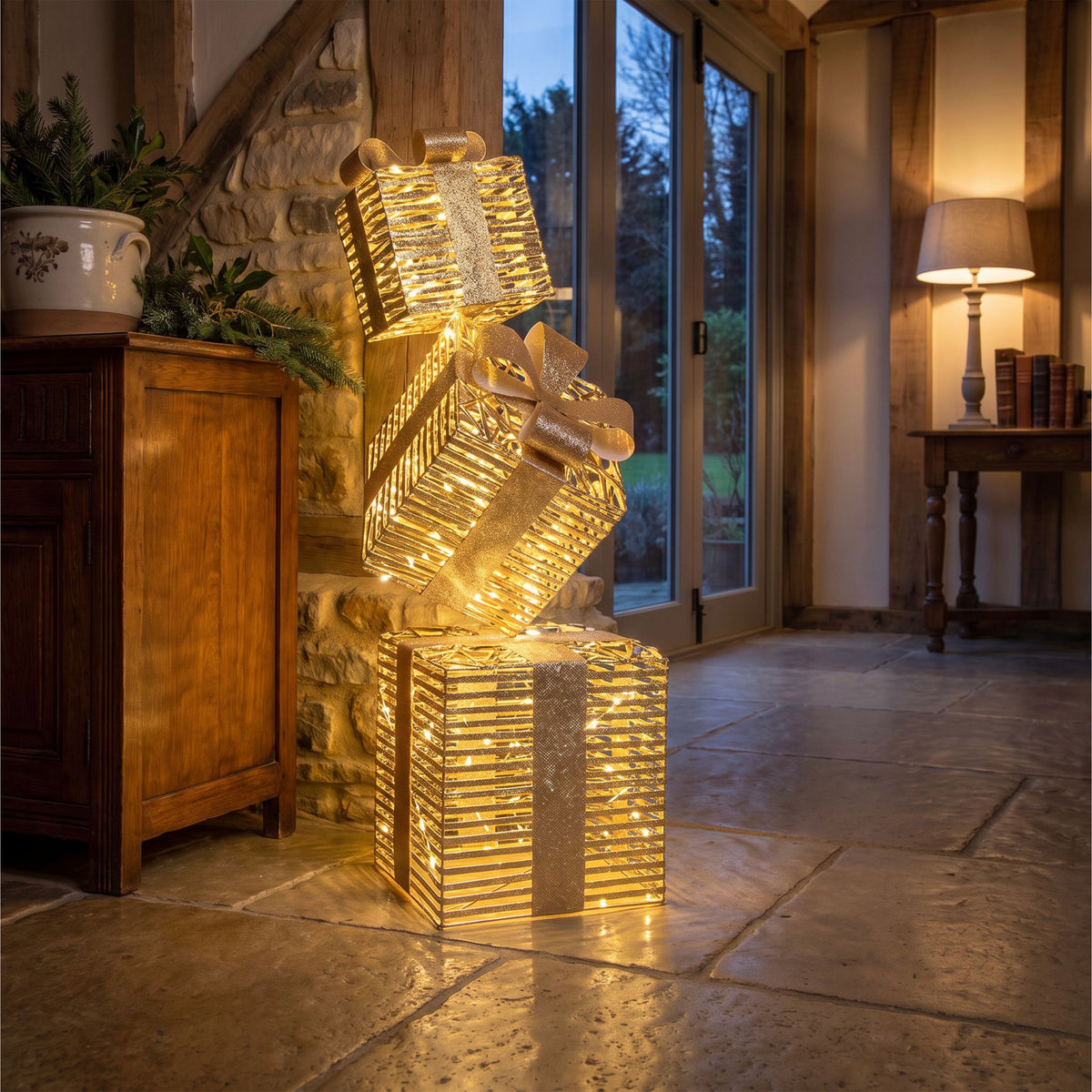 Pre-Lit Christmas Gold Laser Stack of Presents 73cm with 350 Warm White LED Micro-Lights