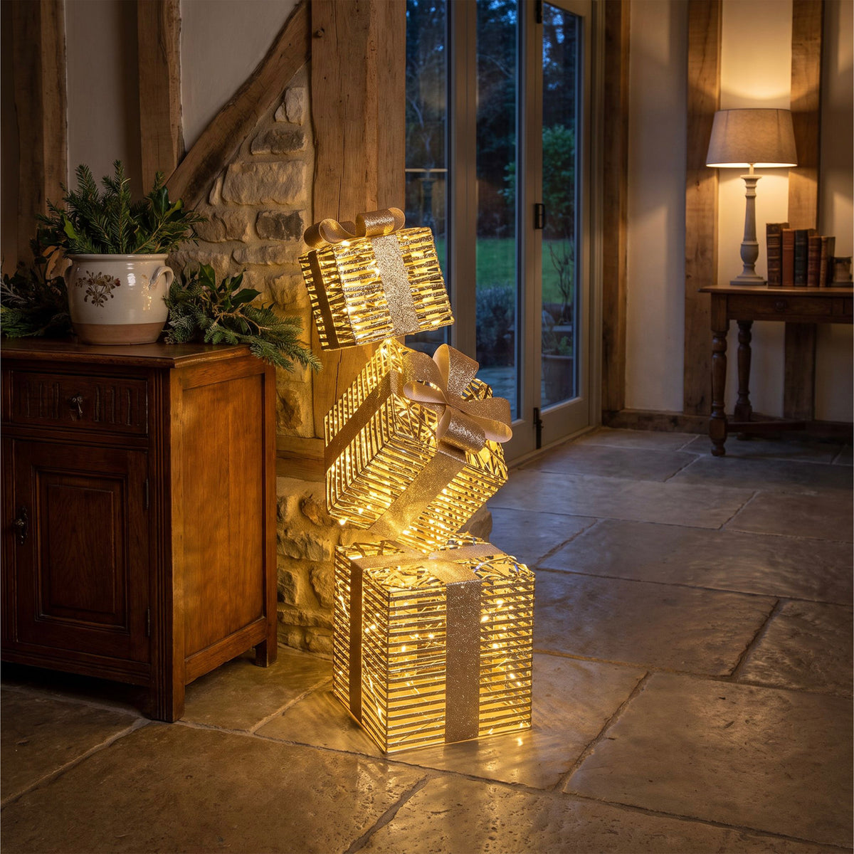 Pre-Lit Christmas Gold Laser Stack of Presents 73cm with 350 Warm White LED Micro-Lights