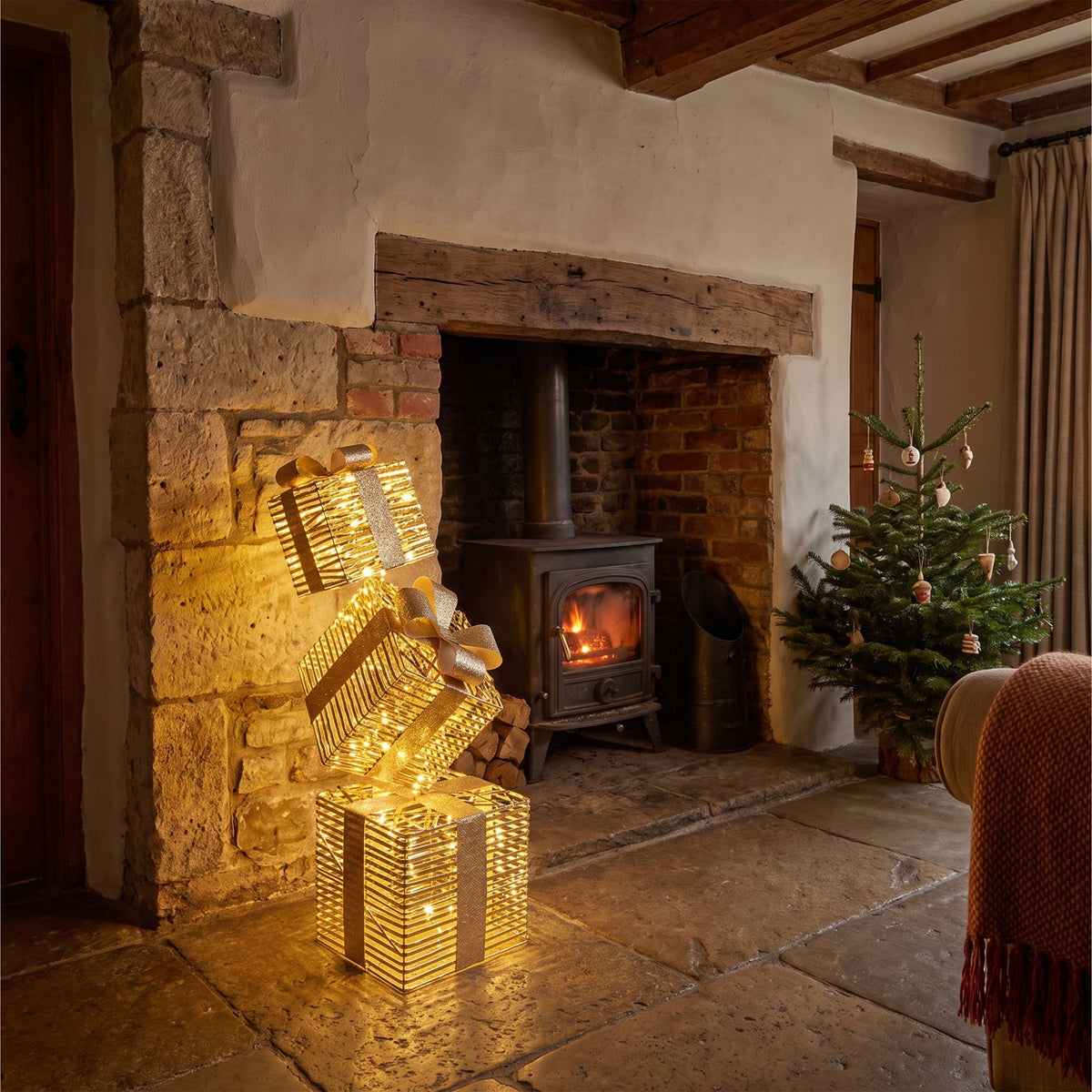 Pre-Lit Christmas Gold Laser Stack of Presents 73cm with 350 Warm White LED Micro-Lights