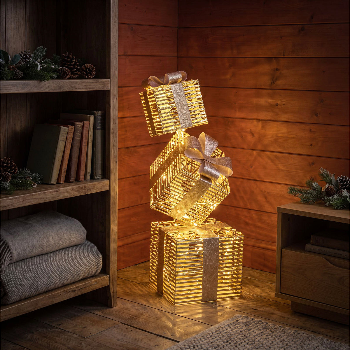 Pre-Lit Christmas Gold Laser Stack of Presents 73cm with 350 Warm White LED Micro-Lights