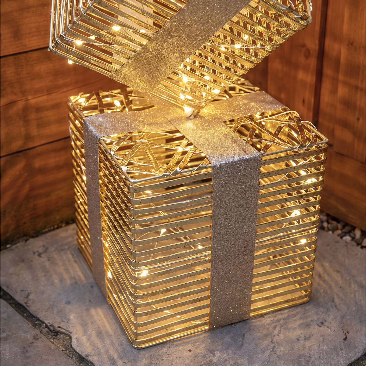 Pre-Lit Christmas Gold Laser Stack of Presents 73cm with 350 Warm White LED Micro-Lights