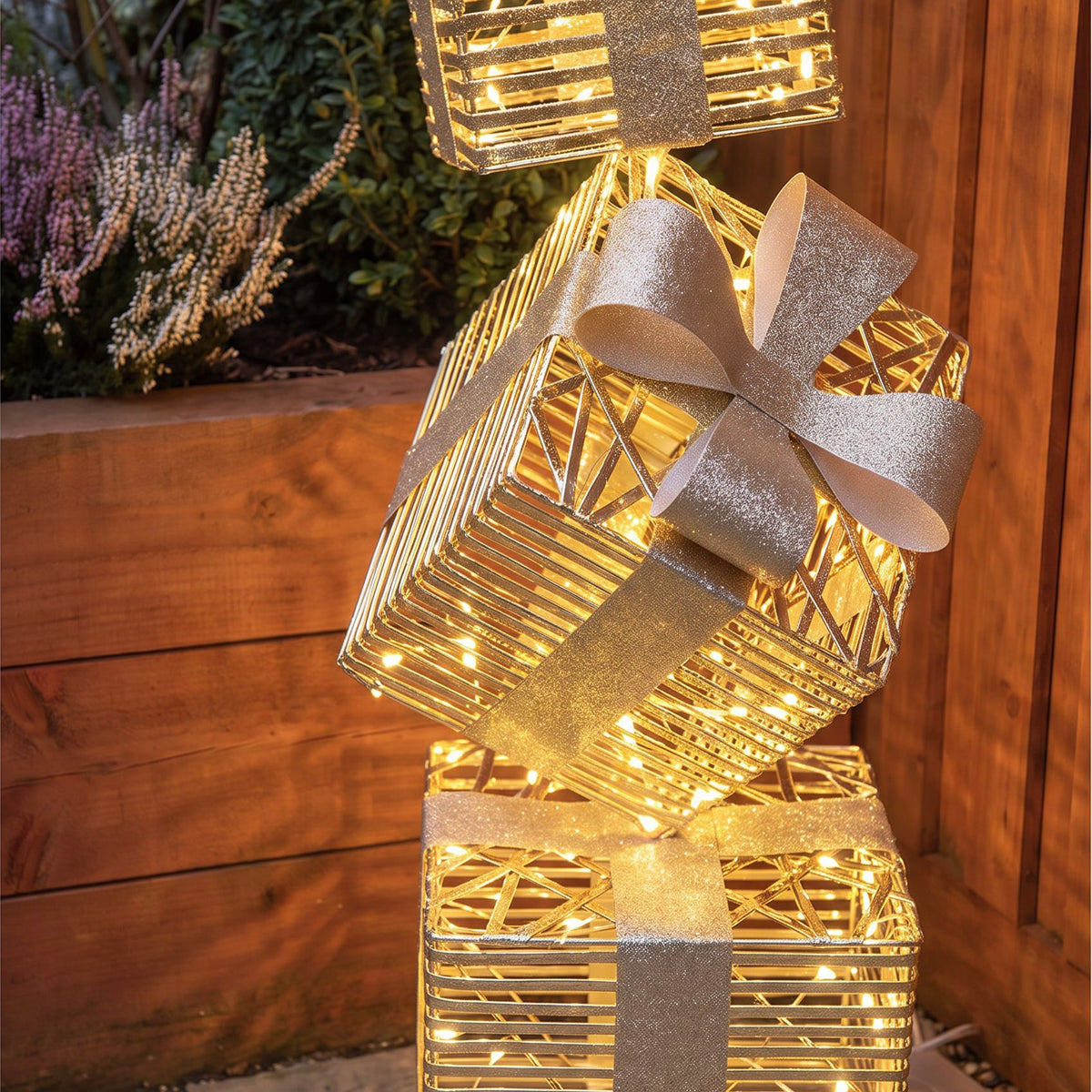 Pre-Lit Christmas Gold Laser Stack of Presents 73cm with 350 Warm White LED Micro-Lights