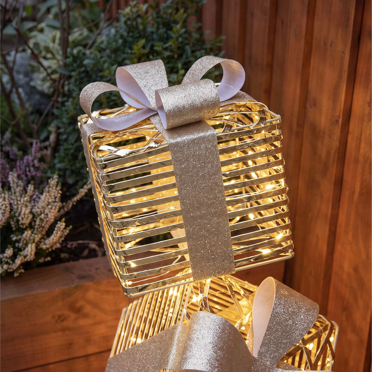 Pre-Lit Christmas Gold Laser Stack of Presents 73cm with 350 Warm White LED Micro-Lights