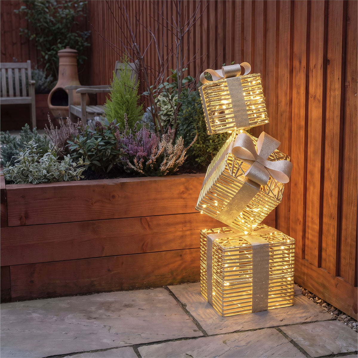 Pre-Lit Christmas Gold Laser Stack of Presents 73cm with 350 Warm White LED Micro-Lights