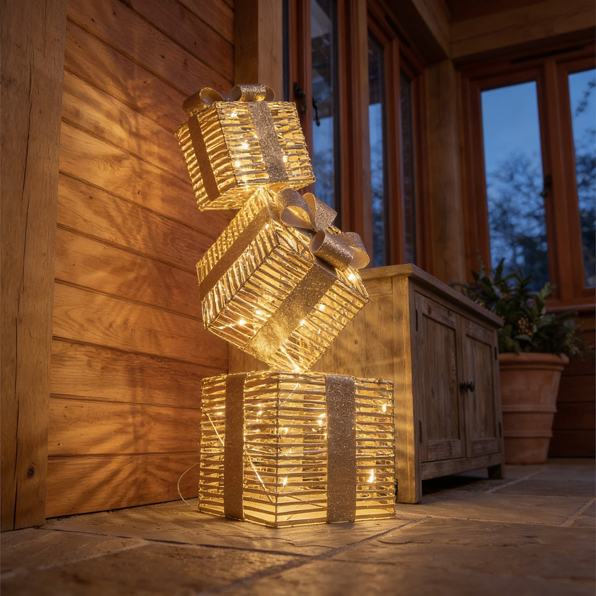 Pre-Lit Christmas Gold Laser Stack of Presents 95cm with 600 Warm White LED Micro-Lights