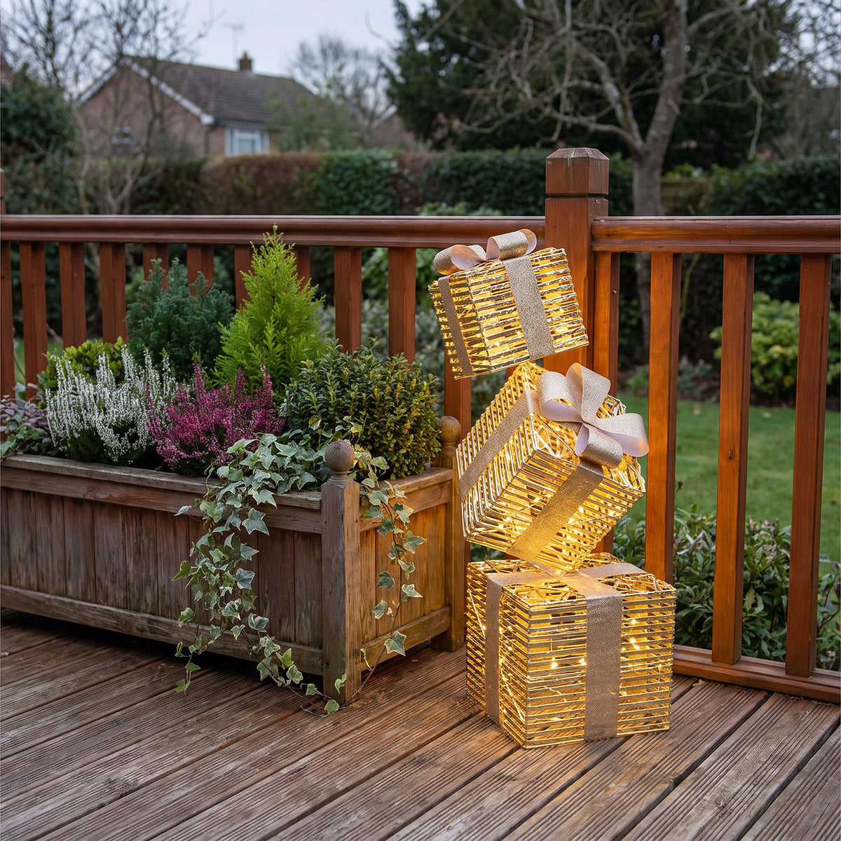Pre-Lit Christmas Gold Laser Stack of Presents 95cm with 600 Warm White LED Micro-Lights