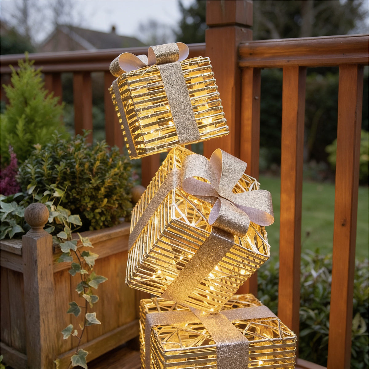 Pre-Lit Christmas Gold Laser Stack of Presents 95cm with 600 Warm White LED Micro-Lights