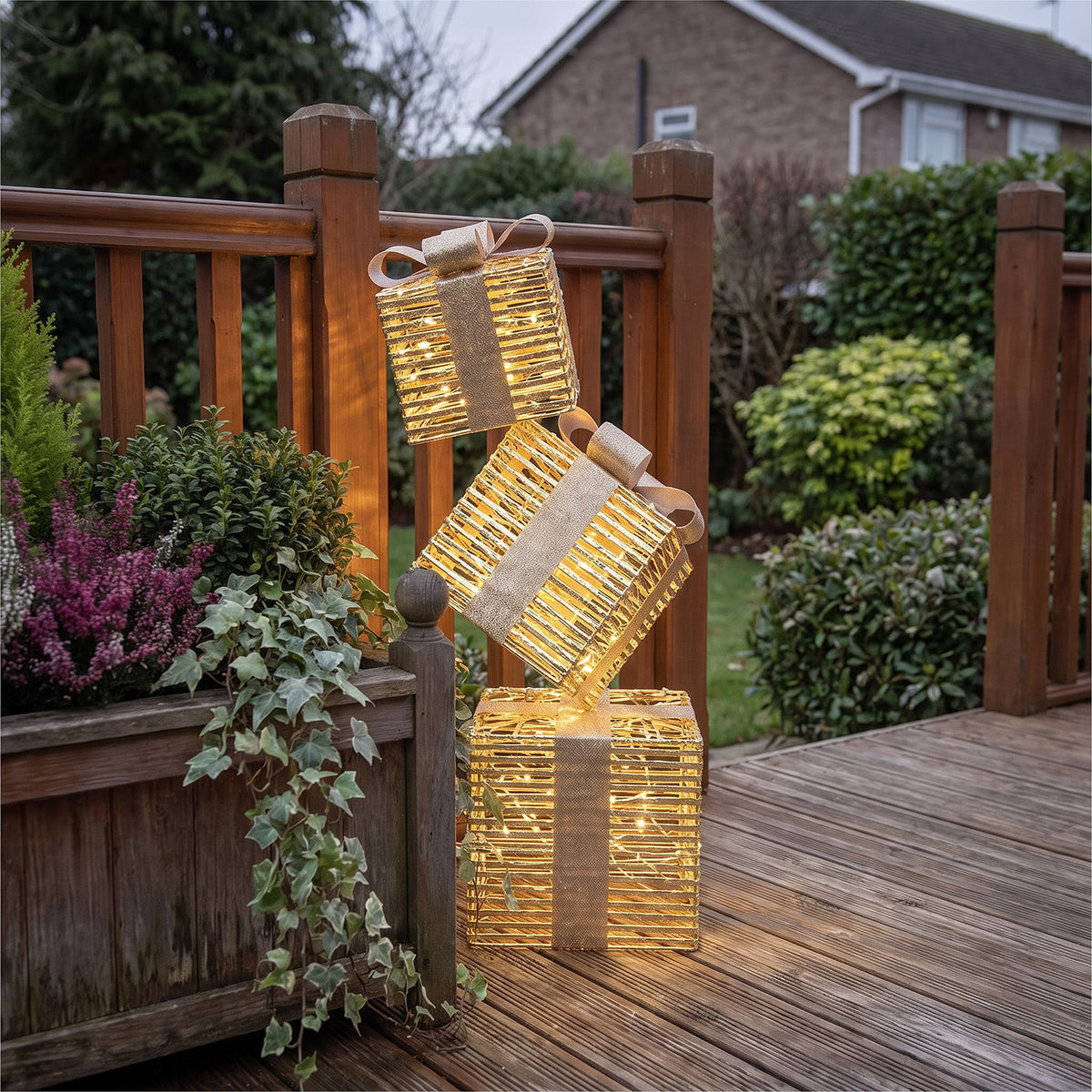 Pre-Lit Christmas Gold Laser Stack of Presents 95cm with 600 Warm White LED Micro-Lights