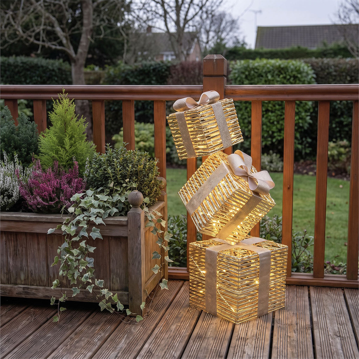 Pre-Lit Christmas Gold Laser Stack of Presents 95cm with 600 Warm White LED Micro-Lights