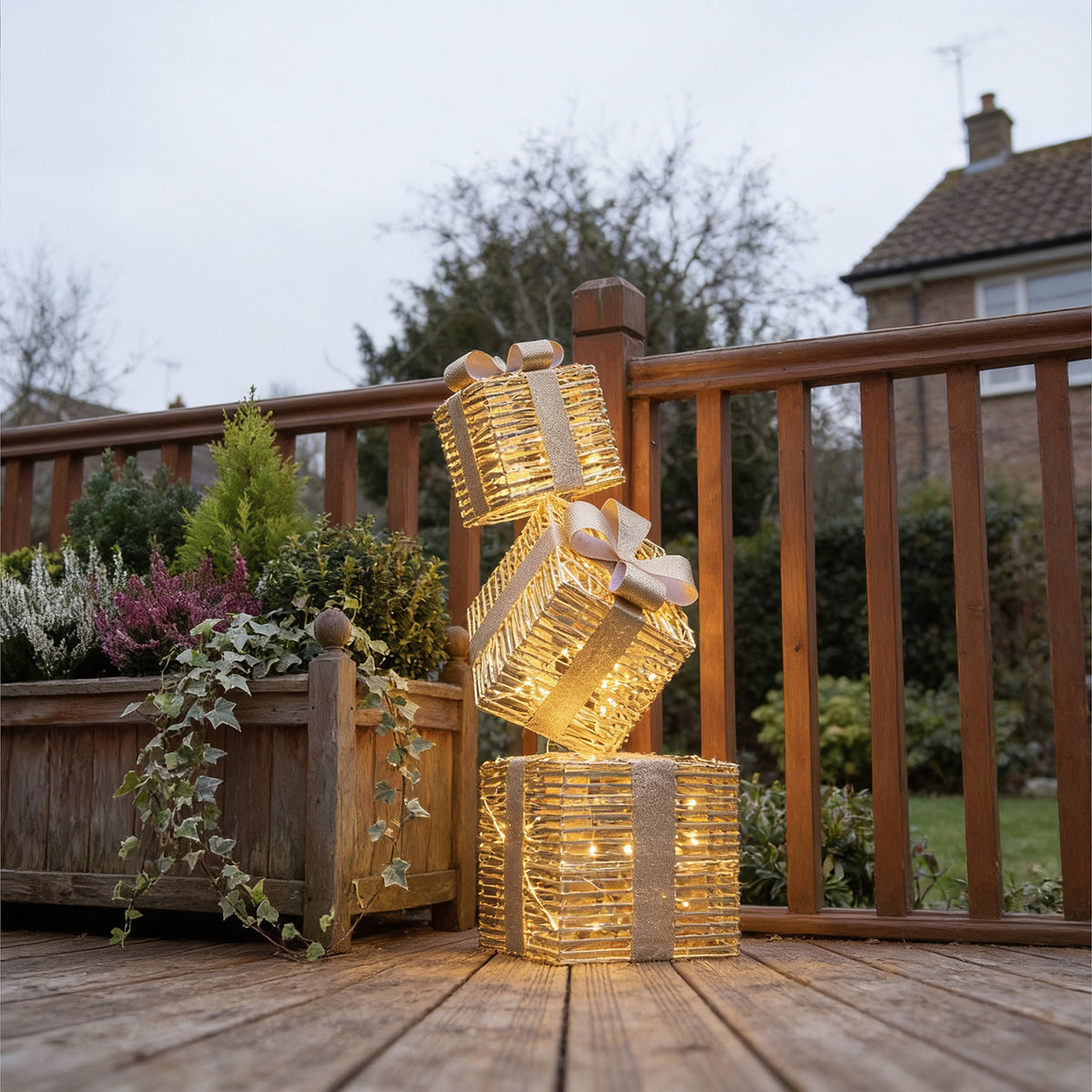 Pre-Lit Christmas Gold Laser Stack of Presents 95cm with 600 Warm White LED Micro-Lights