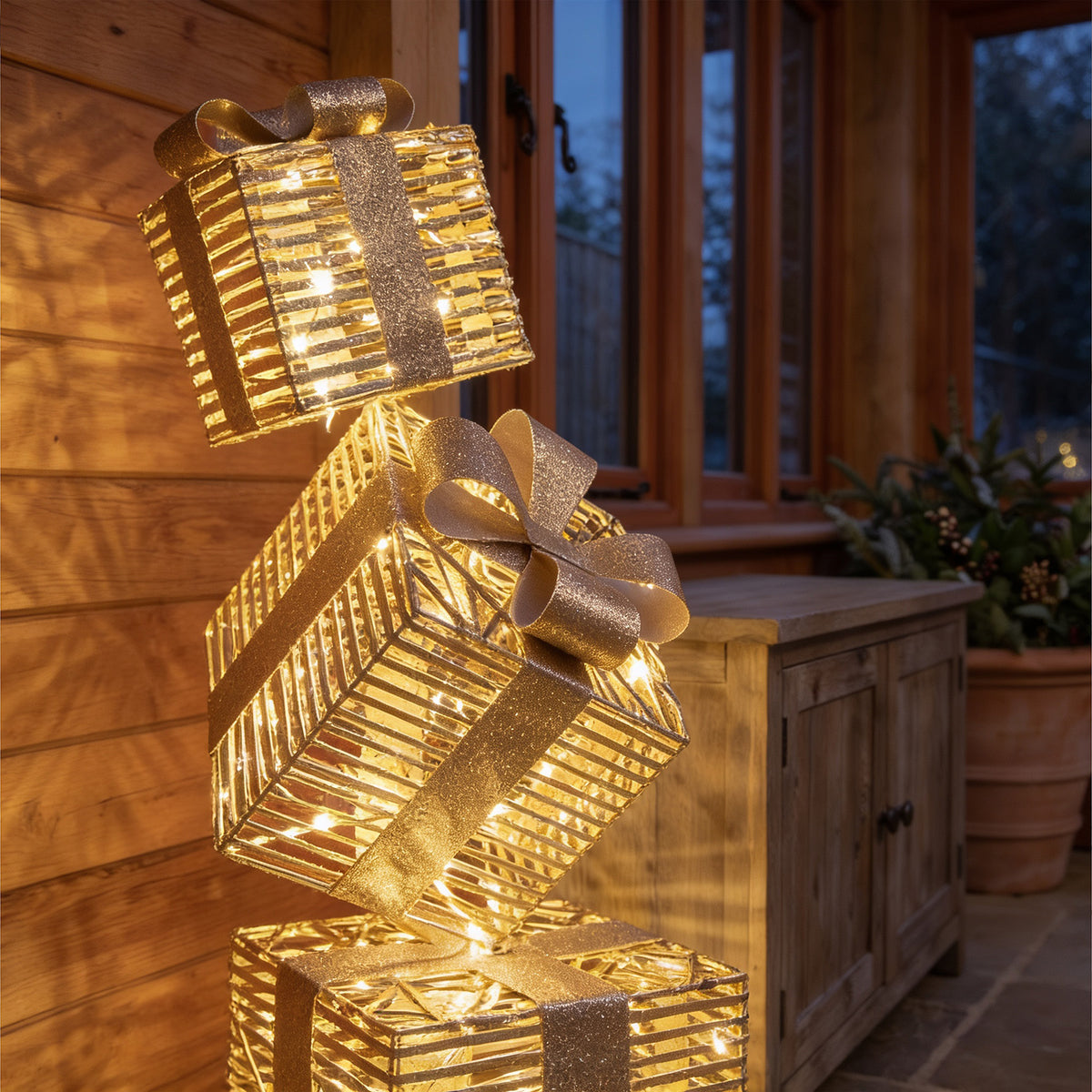 Pre-Lit Christmas Gold Laser Stack of Presents 95cm with 600 Warm White LED Micro-Lights