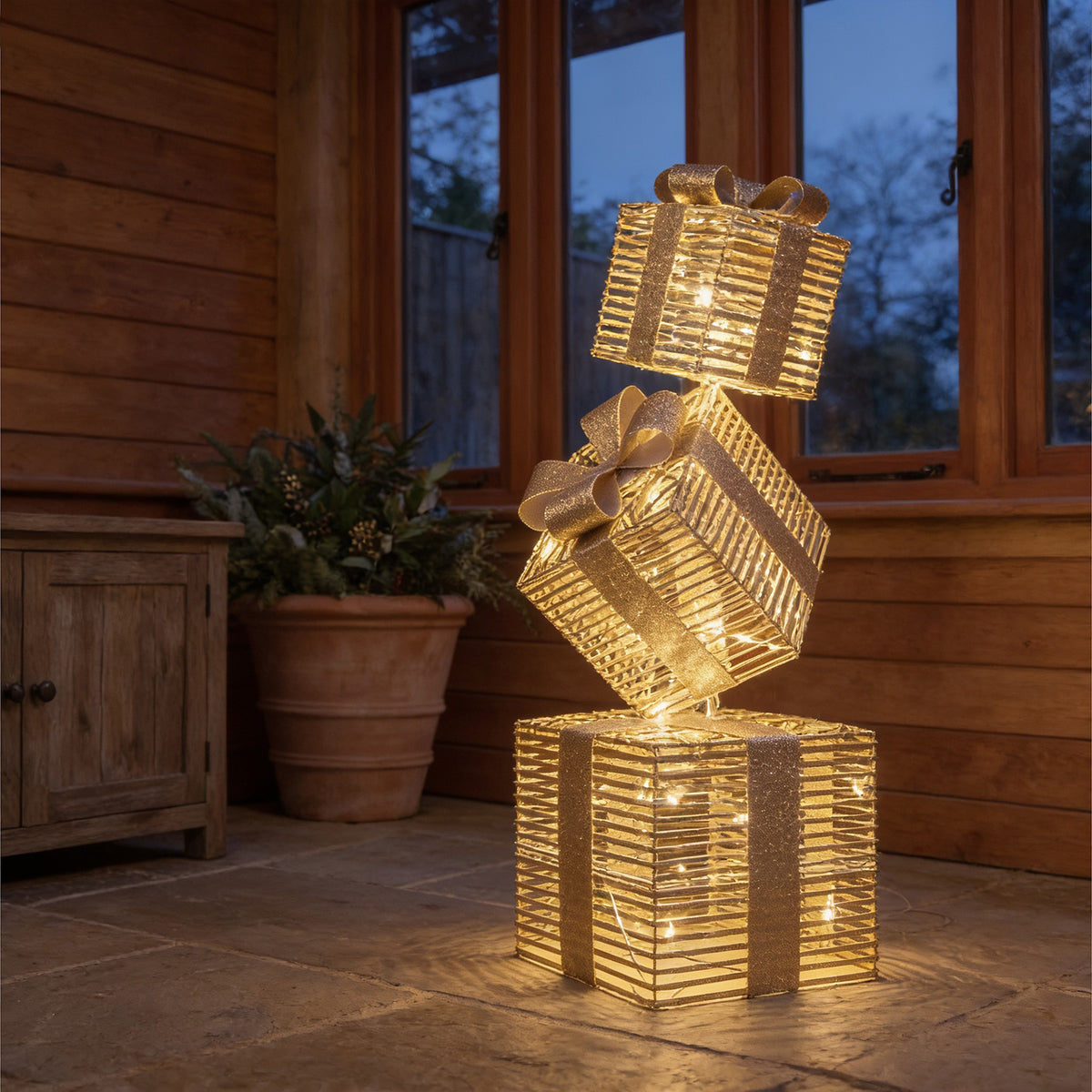 Pre-Lit Christmas Gold Laser Stack of Presents 95cm with 600 Warm White LED Micro-Lights