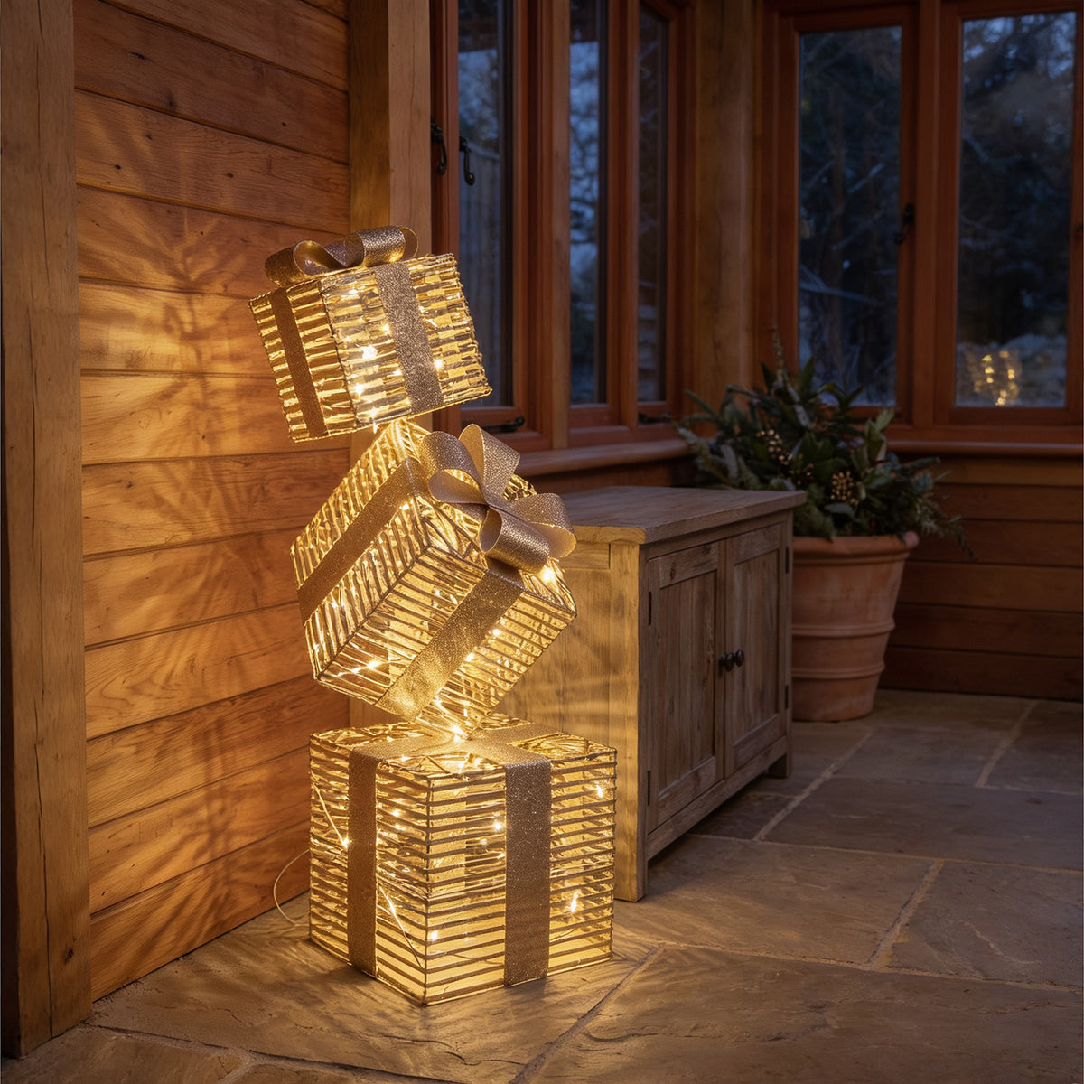 Pre-Lit Christmas Gold Laser Stack of Presents 95cm with 600 Warm White LED Micro-Lights