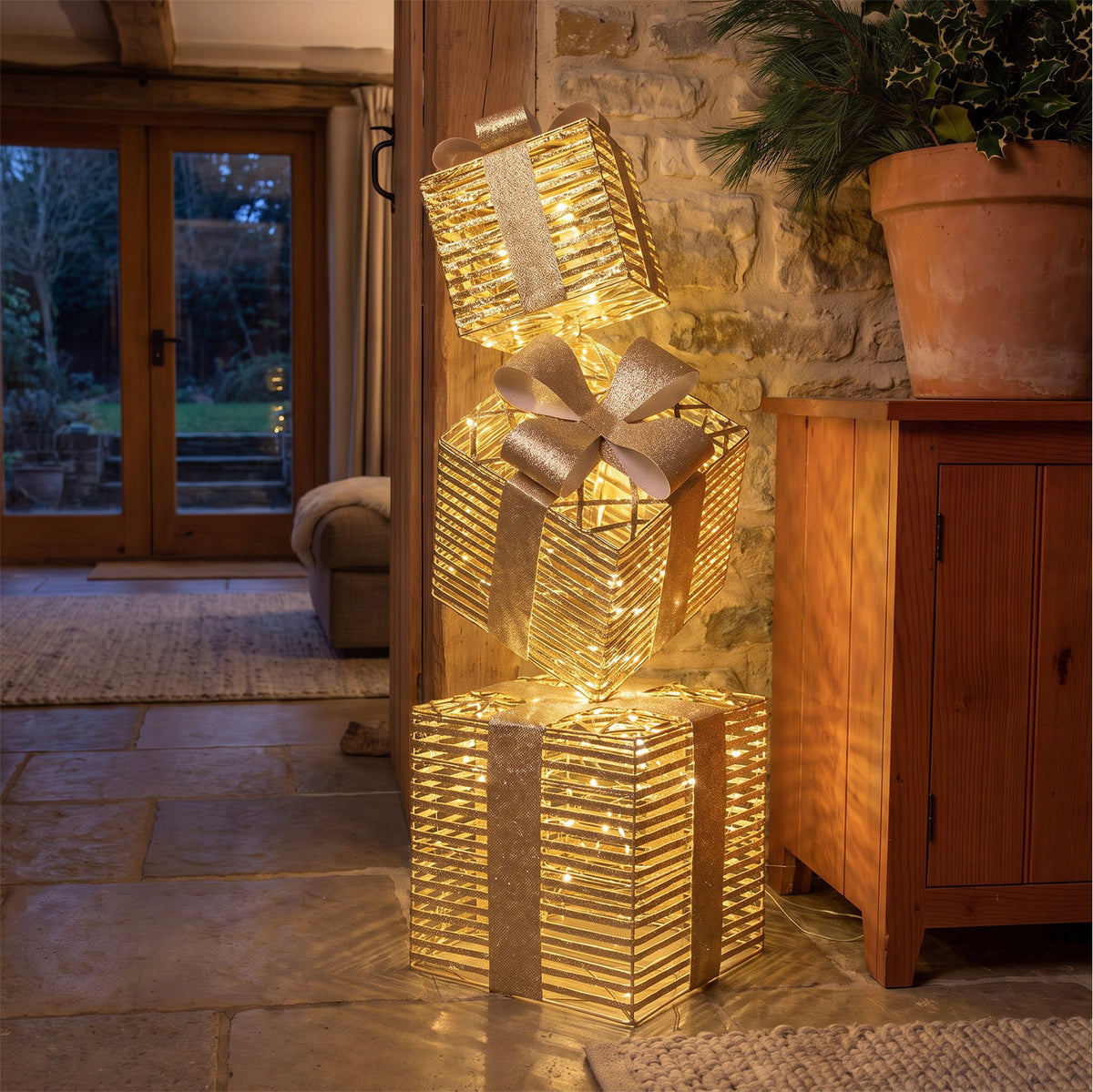 Pre-Lit Christmas Gold Laser Stack of Presents 1.5m with 2100 Warm White LED Micro-Lights