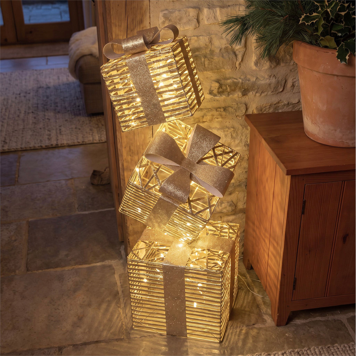 Pre-Lit Christmas Gold Laser Stack of Presents 1.5m with 2100 Warm White LED Micro-Lights