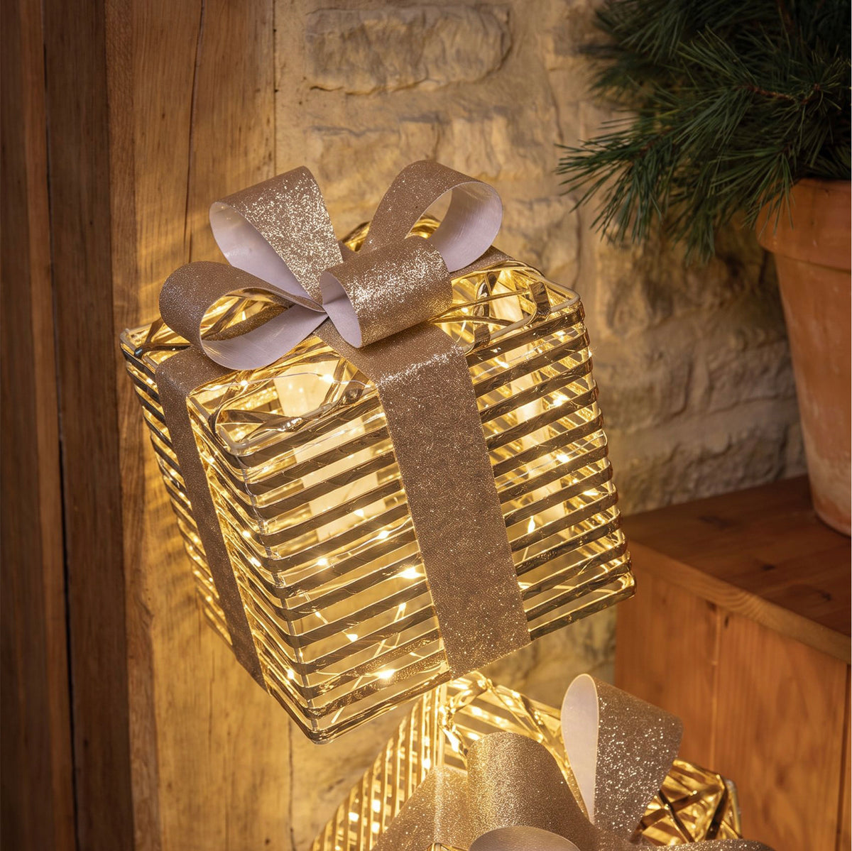 Pre-Lit Christmas Gold Laser Stack of Presents 1.5m with 2100 Warm White LED Micro-Lights