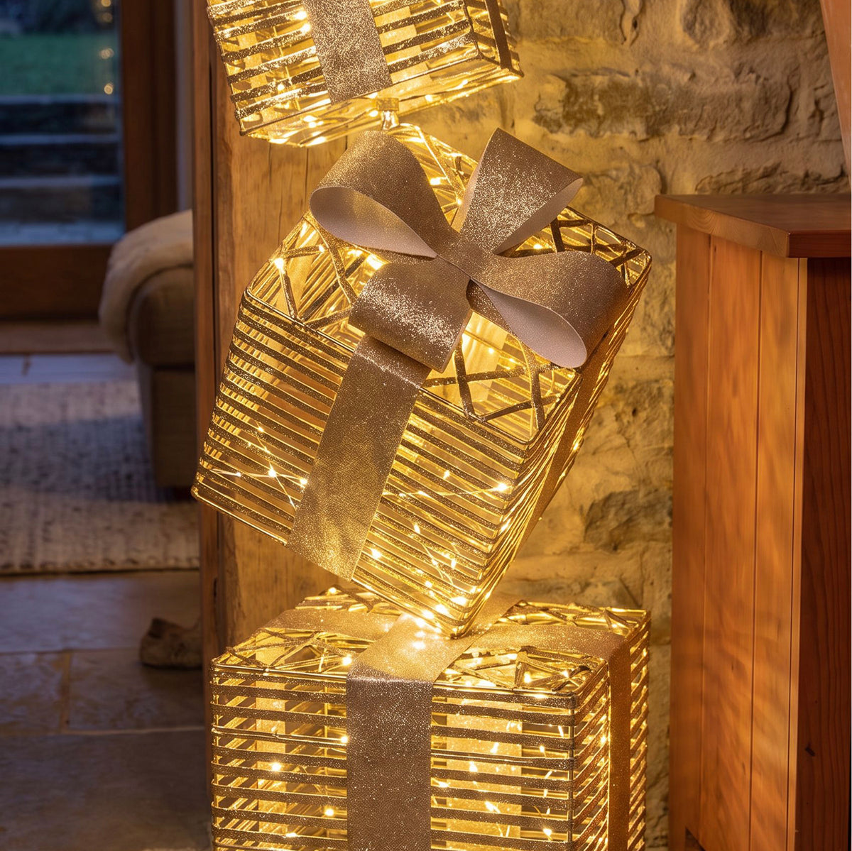 Pre-Lit Christmas Gold Laser Stack of Presents 1.5m with 2100 Warm White LED Micro-Lights