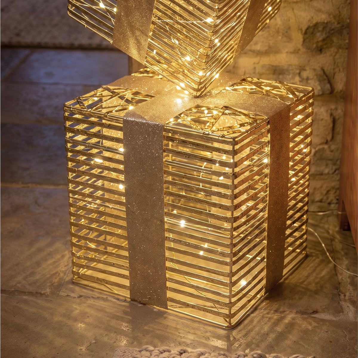 Pre-Lit Christmas Gold Laser Stack of Presents 1.5m with 2100 Warm White LED Micro-Lights