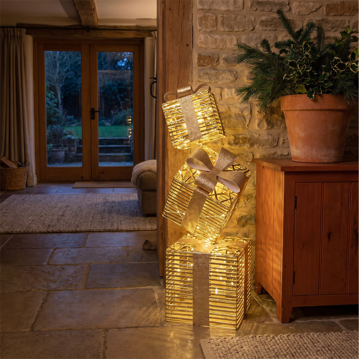 Pre-Lit Christmas Gold Laser Stack of Presents 1.5m with 2100 Warm White LED Micro-Lights