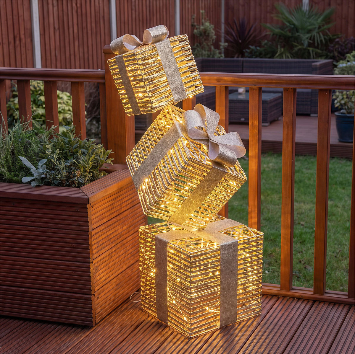 Pre-Lit Christmas Gold Laser Stack of Presents 1.5m with 2100 Warm White LED Micro-Lights