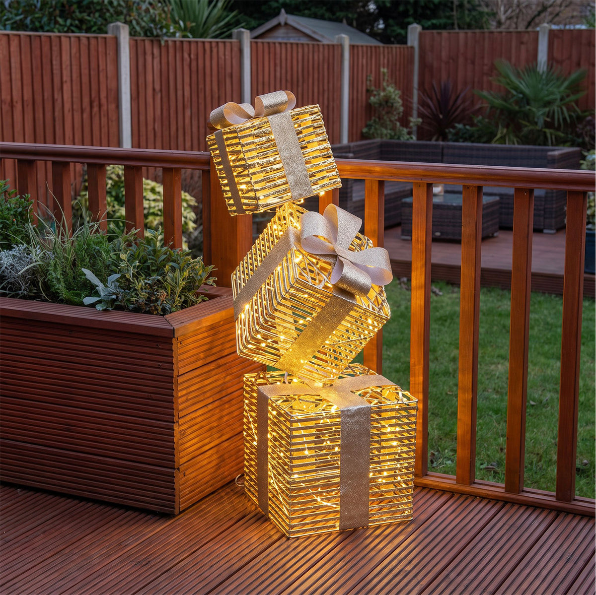 Pre-Lit Christmas Gold Laser Stack of Presents 1.5m with 2100 Warm White LED Micro-Lights