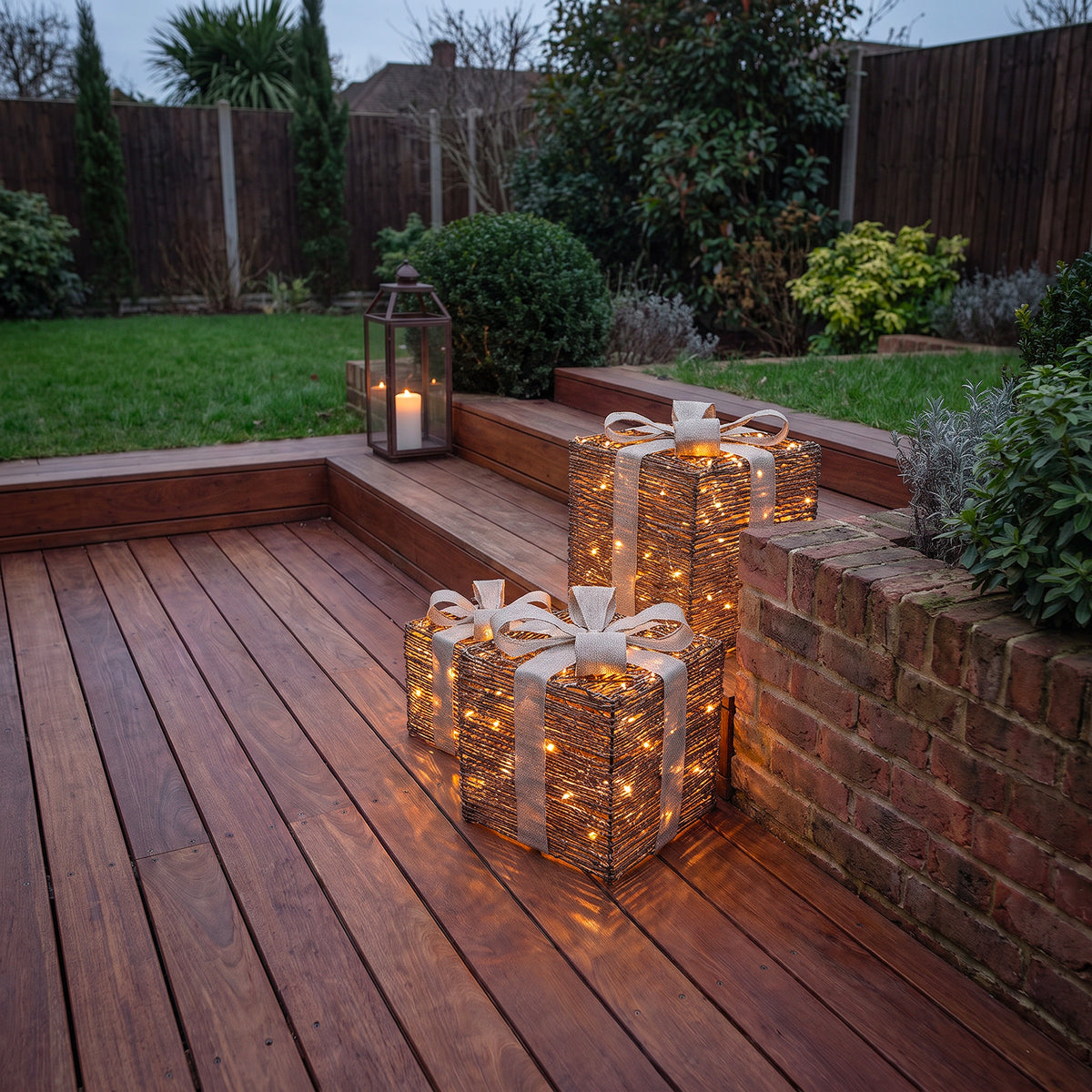 Pre-Lit Christmas Brown Vine Weave Set of 3 Presents with 3000 Warm White LED Micro-Lights