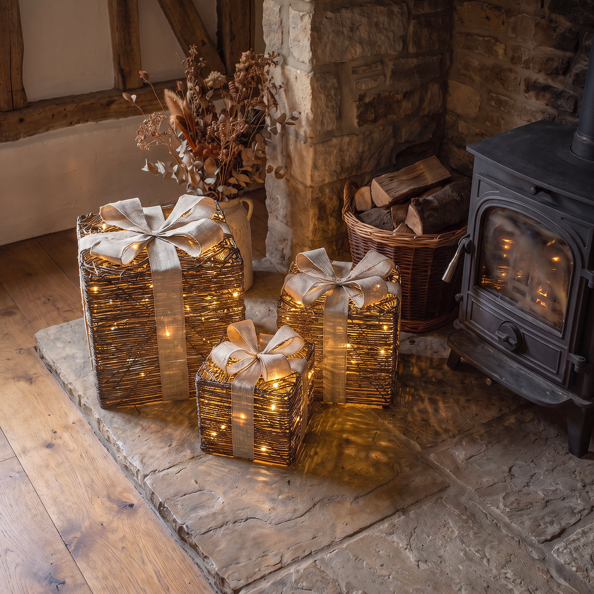 Pre-Lit Christmas Brown Vine Weave Set of 3 Presents with 3000 Warm White LED Micro-Lights