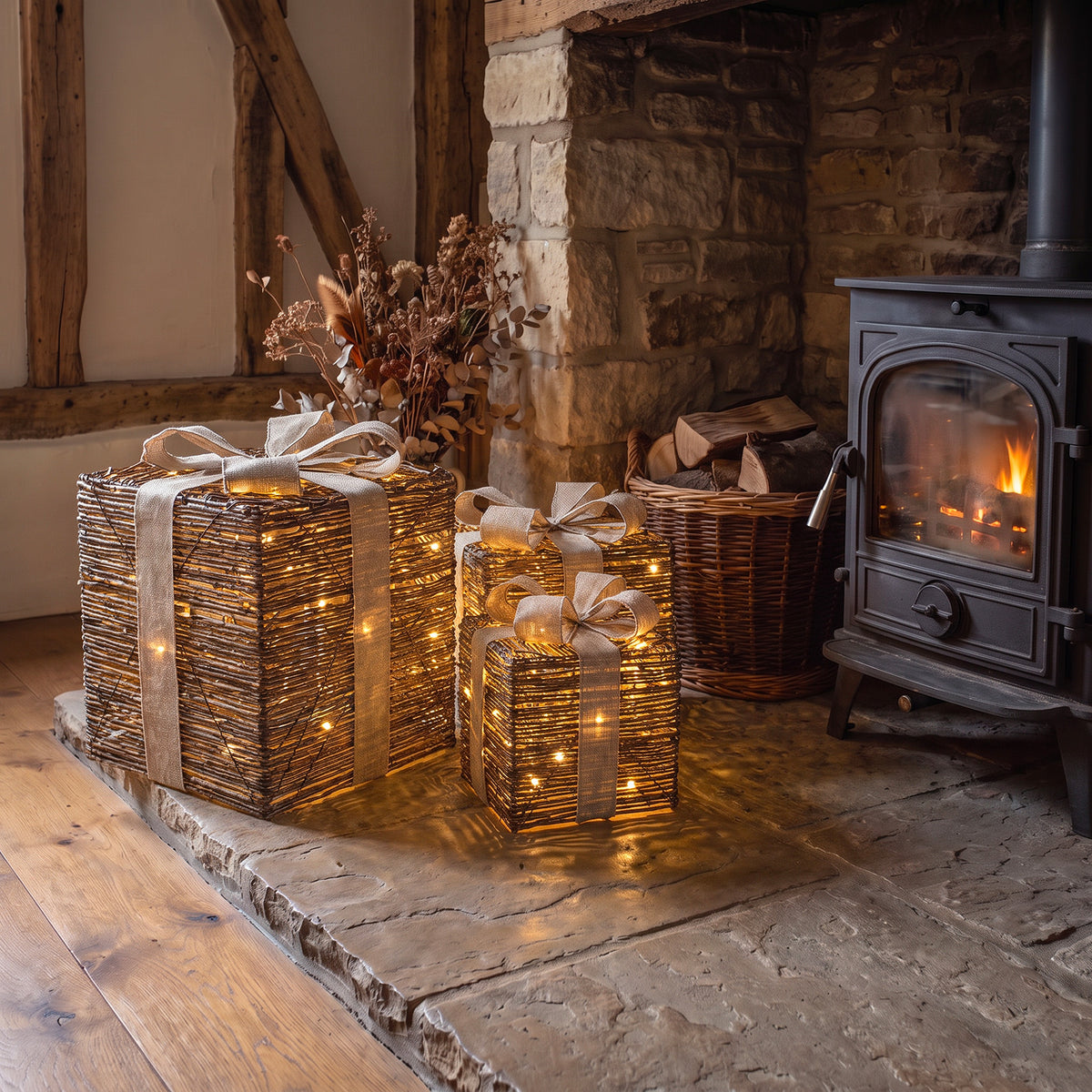 Pre-Lit Christmas Brown Vine Weave Set of 3 Presents with 3000 Warm White LED Micro-Lights