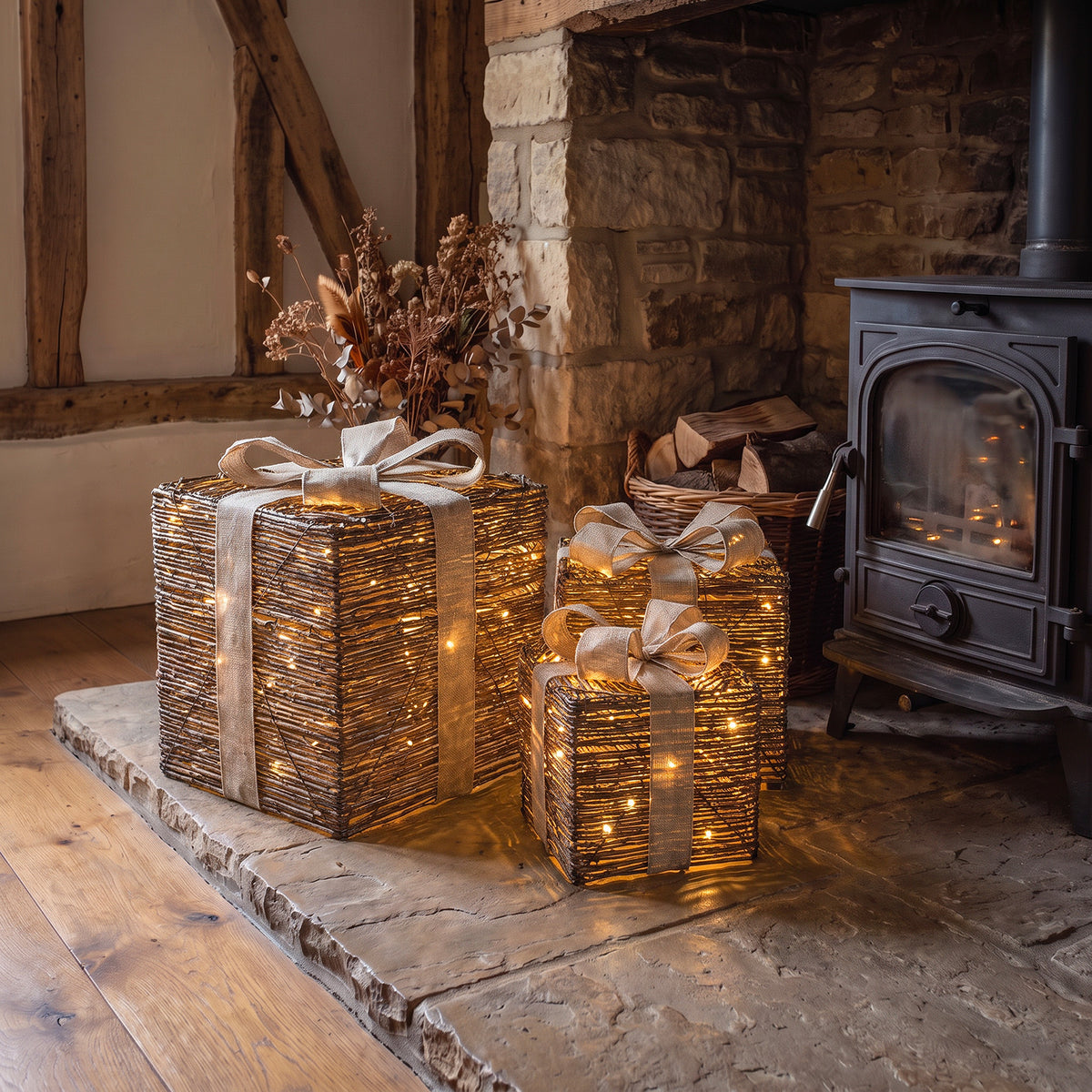 Pre-Lit Christmas Brown Vine Weave Set of 3 Presents with 3000 Warm White LED Micro-Lights