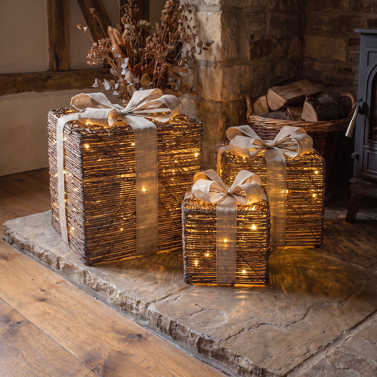 Pre-Lit Christmas Brown Vine Weave Set of 3 Presents with 3000 Warm White LED Micro-Lights