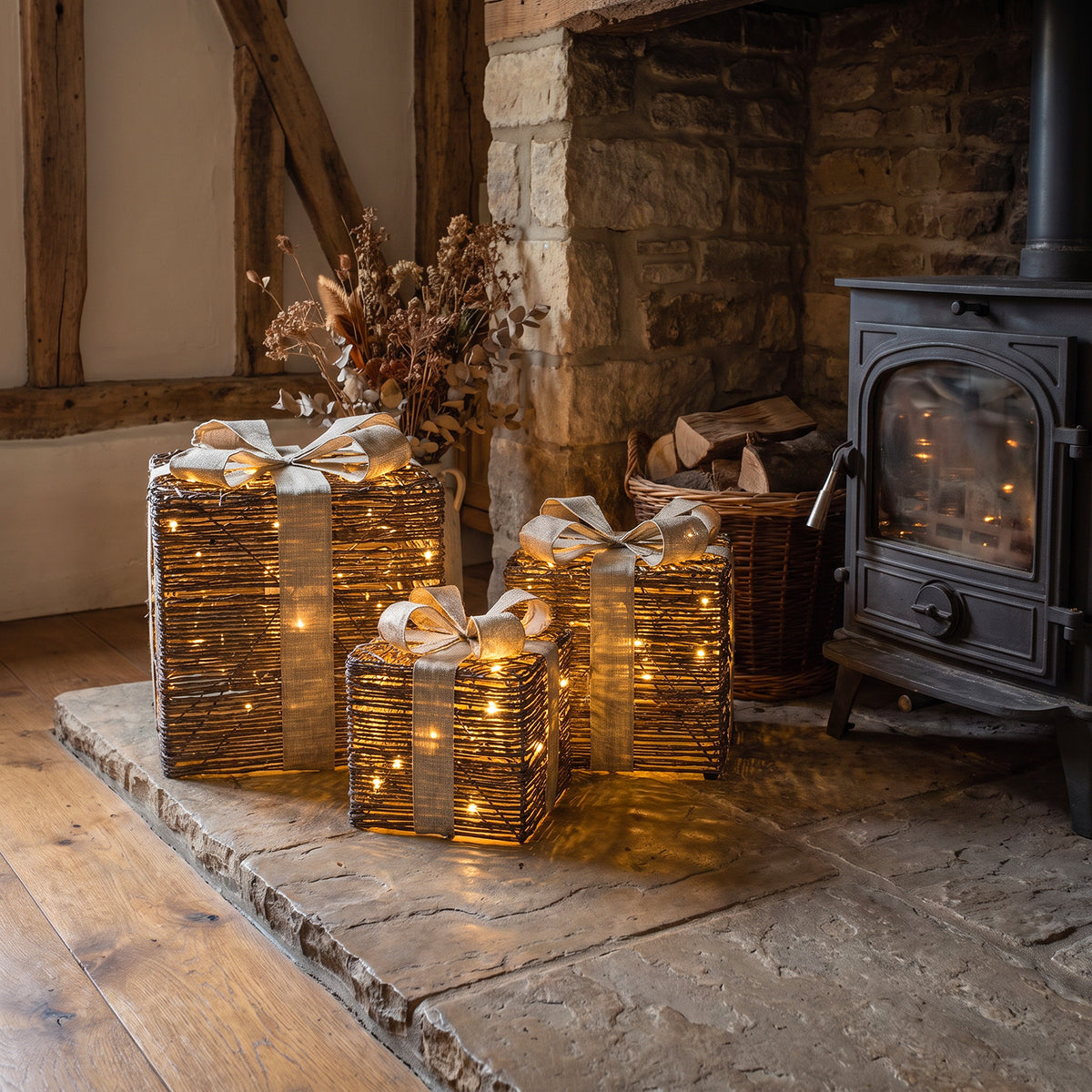 Pre-Lit Christmas Brown Vine Weave Set of 3 Presents with 3000 Warm White LED Micro-Lights