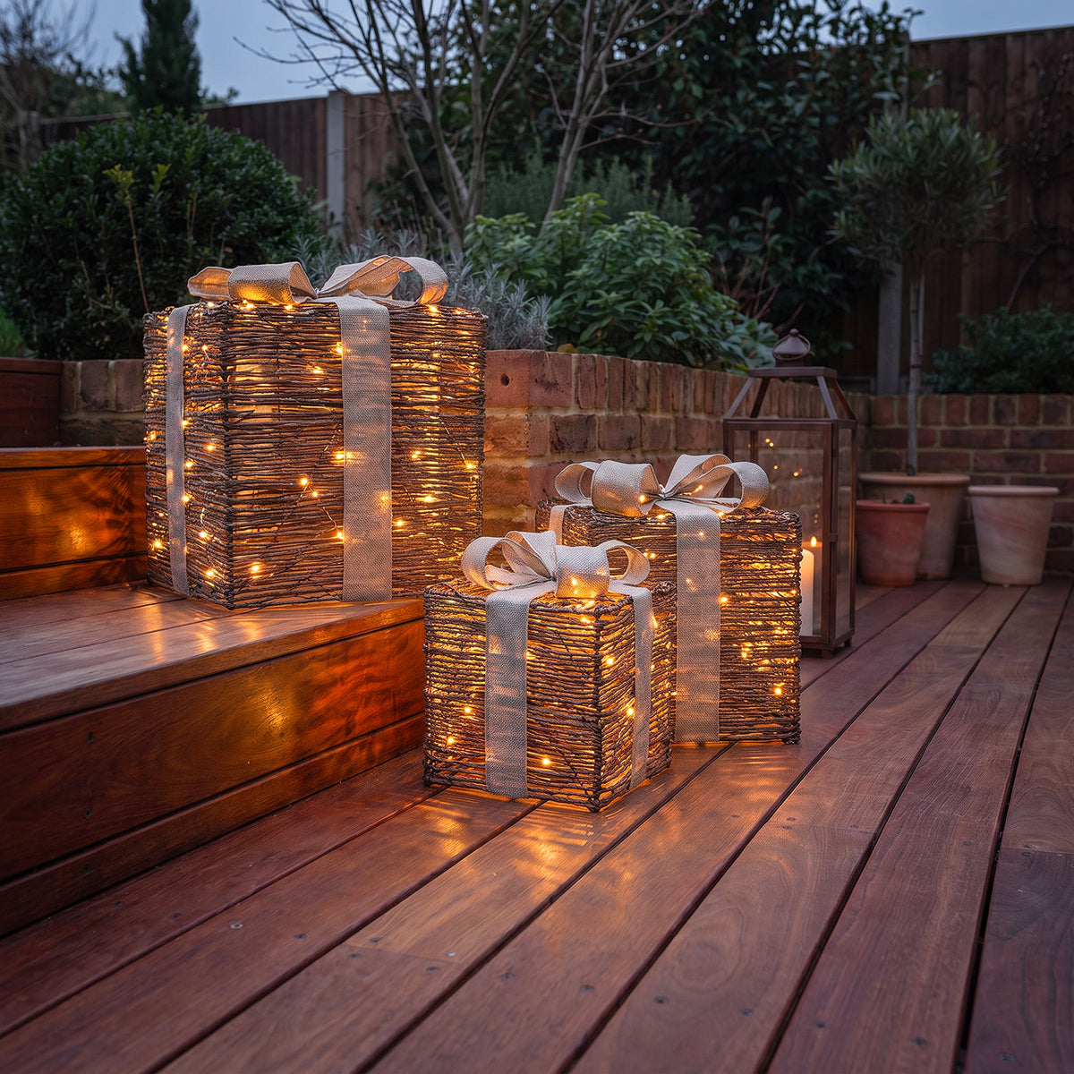 Pre-Lit Christmas Brown Vine Weave Set of 3 Presents with 3000 Warm White LED Micro-Lights