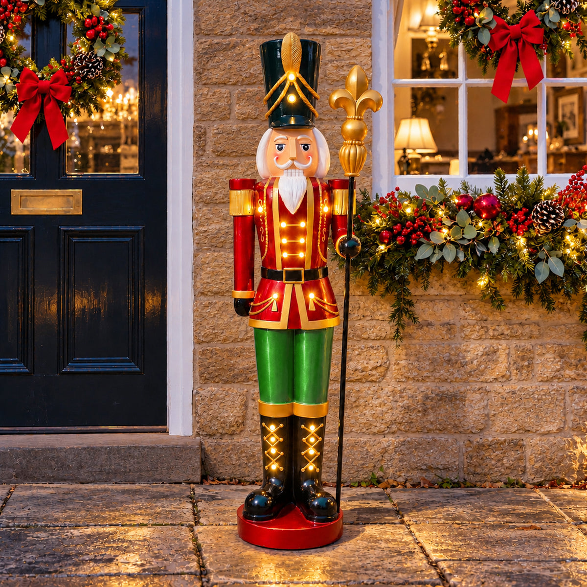 5ft Large Traditional Christmas Nutcracker Soldier - Red, Green and Gold with LED Lights