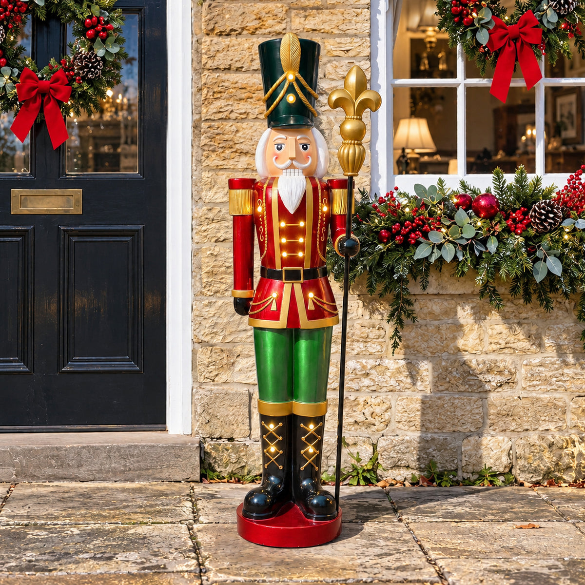 5ft Large Traditional Christmas Nutcracker Soldier - Red, Green and Gold with LED Lights