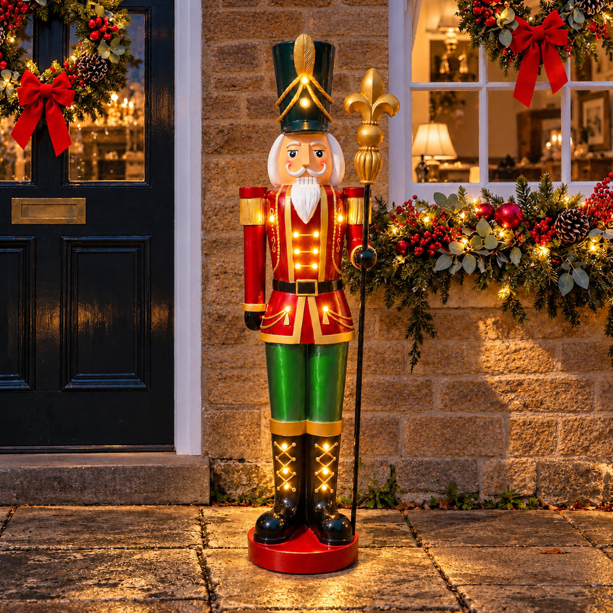 5ft Large Traditional Christmas Nutcracker Soldier - Red, Green and Gold with LED Lights