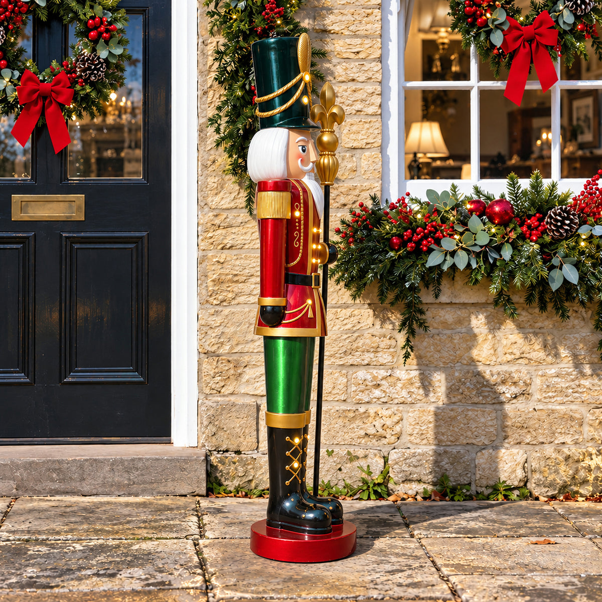 5ft Large Traditional Christmas Nutcracker Soldier - Red, Green and Gold with LED Lights