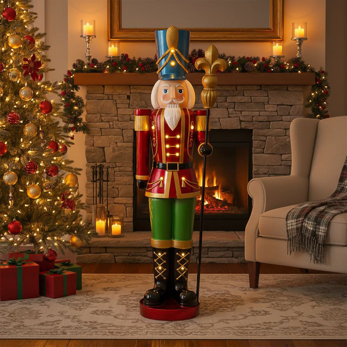 5ft Large Traditional Christmas Nutcracker Soldier - Red, Green and Gold with LED Lights