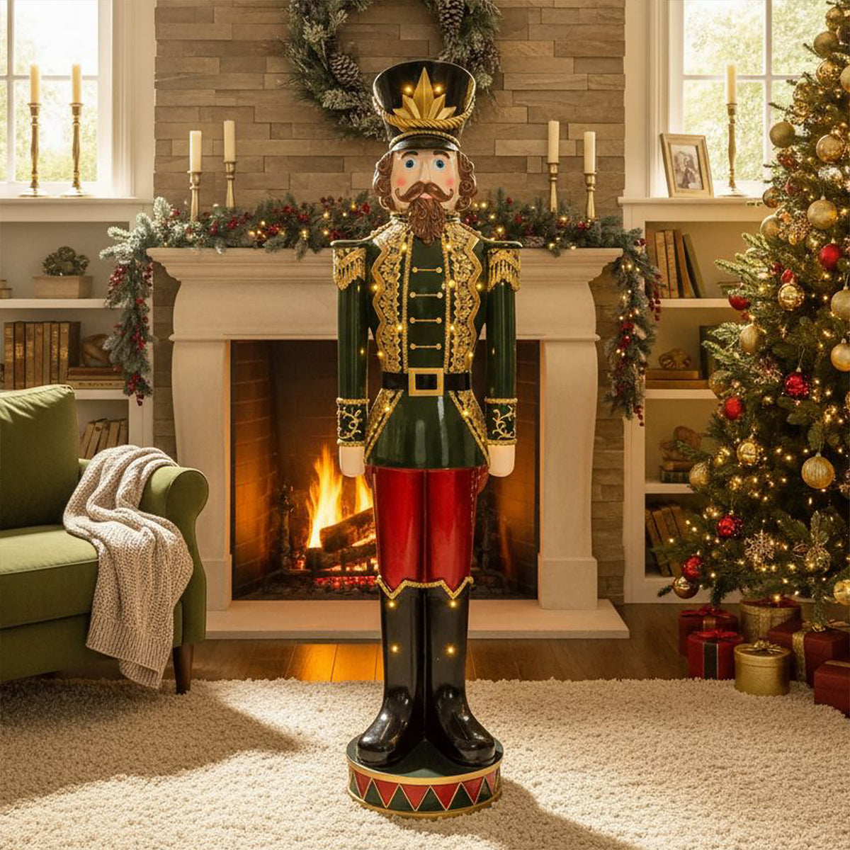 5ft Large Traditional Christmas Nutcracker Soldier - Dark Green, Red and Black with LED Lights