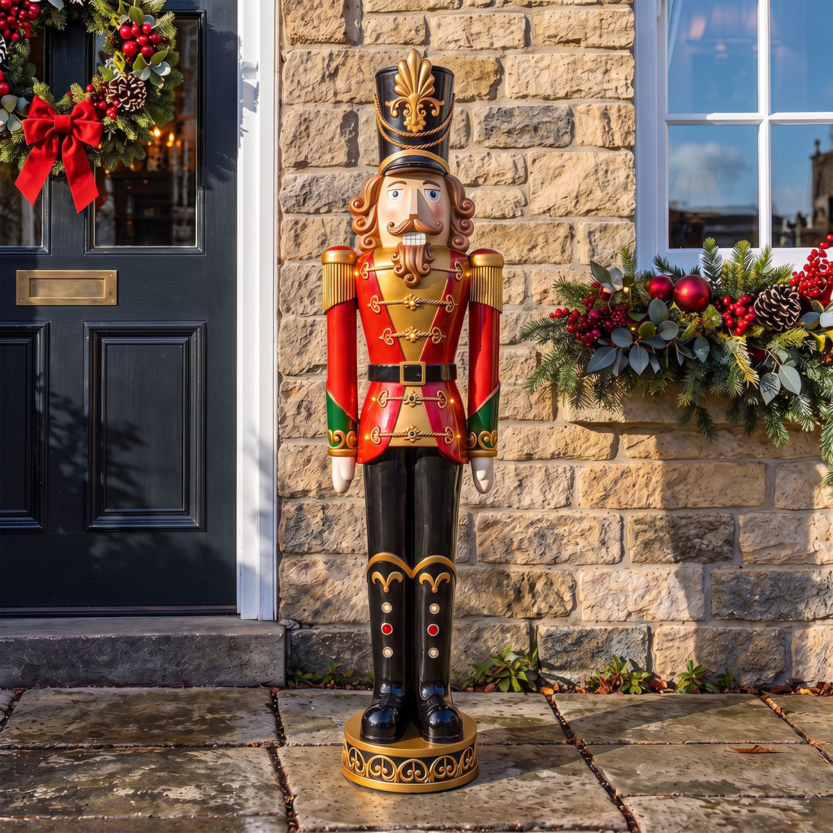 5ft Large Traditional Christmas Nutcracker Soldier - Red, Black and Gold with LED Lights