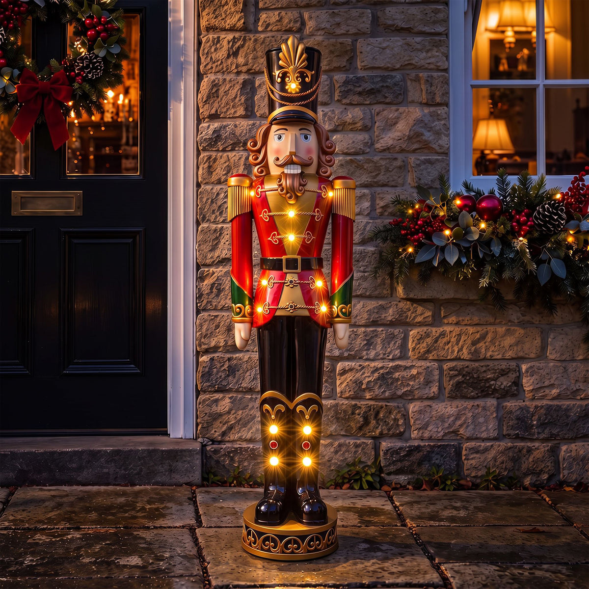 5ft Large Traditional Christmas Nutcracker Soldier - Red, Black and Gold with LED Lights