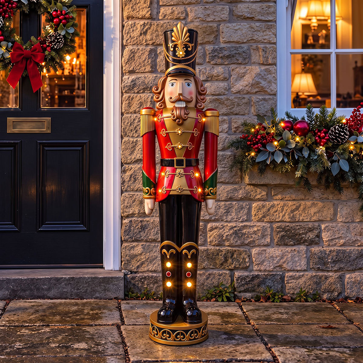 5ft Large Traditional Christmas Nutcracker Soldier - Red, Black and Gold with LED Lights