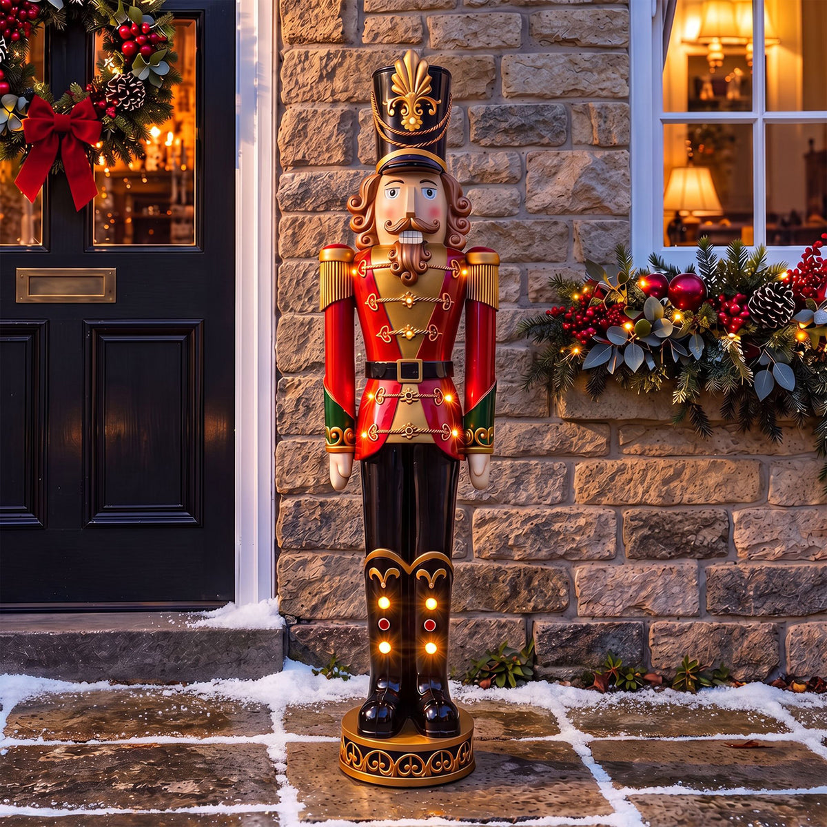 5ft Large Traditional Christmas Nutcracker Soldier - Red, Black and Gold with LED Lights