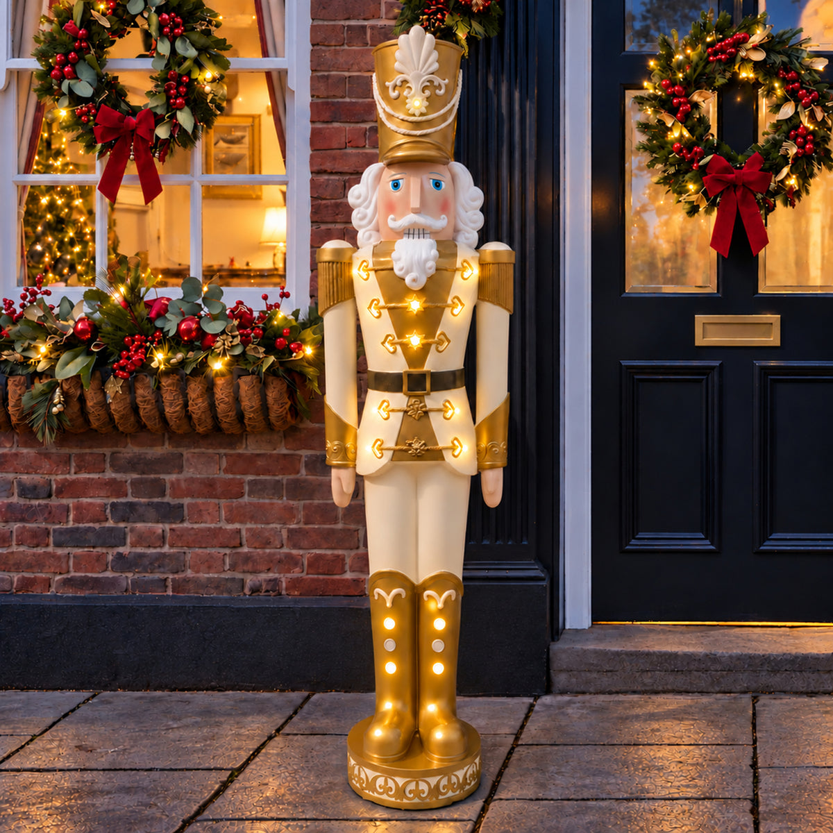 5.5ft Large Traditional Christmas Nutcracker Soldier - Cream and Gold with LED Lights