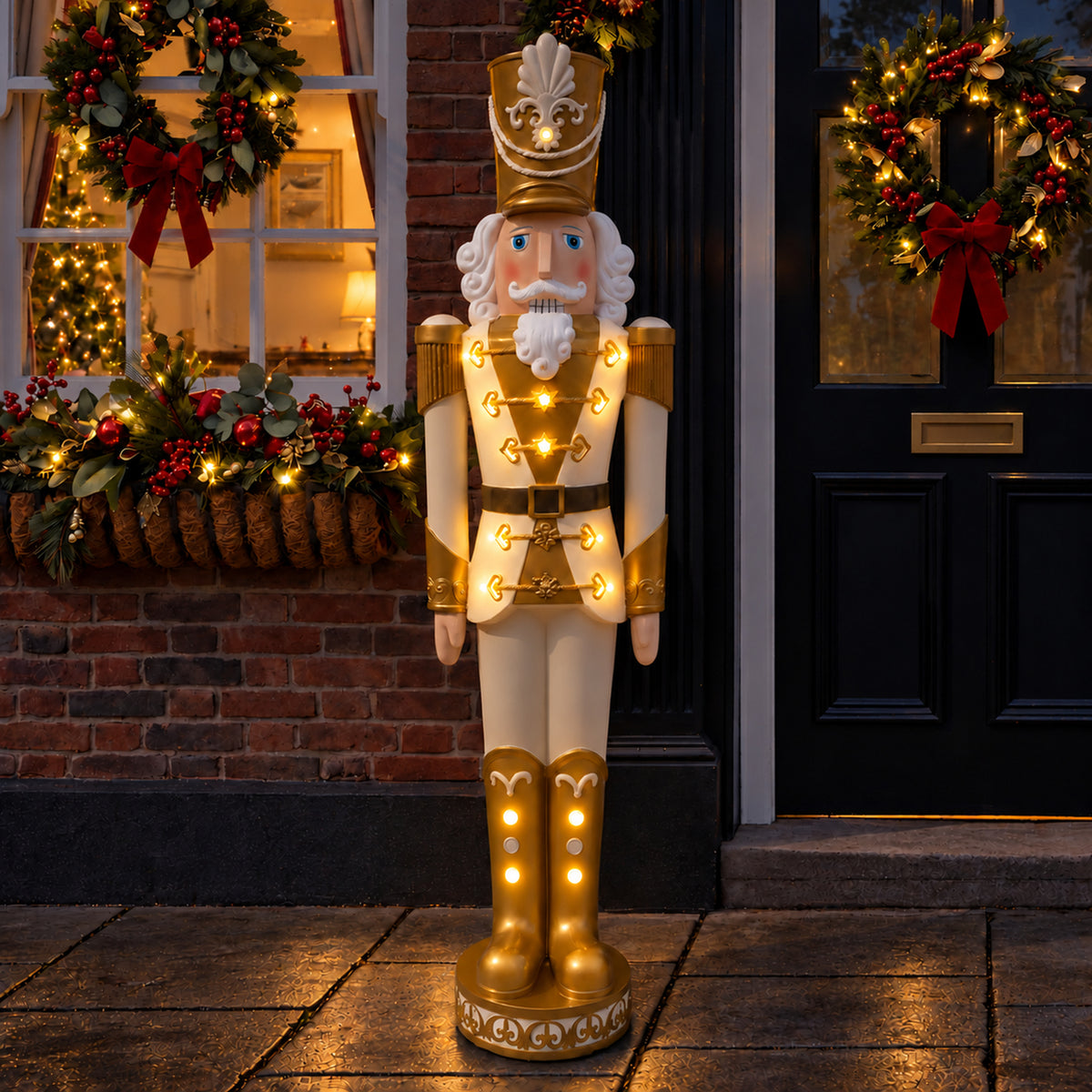 5.5ft Large Traditional Christmas Nutcracker Soldier - Cream and Gold with LED Lights